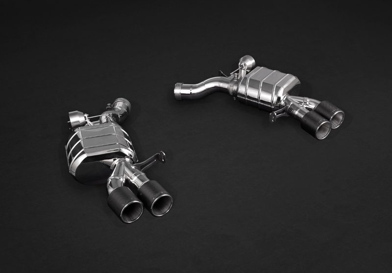 BMW M6 F12,F13 - Endschalldämpfer mit Steuerung EVCU-1 , Anschlussrohren, Nachkatersatz und Carbonendrohren, bestehend aus Edelstahl Innenrohr, farbig eloxiertem Aluminiumrohr (Schwarz, Silber oder Rot*) und Carbon Aussenrohr
