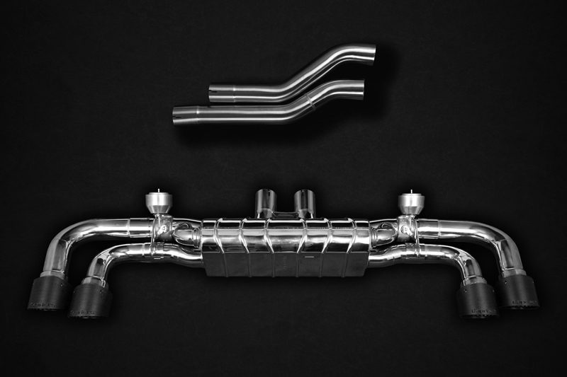 Porsche 536 Cayenne V6 - für Single Turbo, Biturbo und E-Hybrid - Abgasanlage zur Verwendung der OEM-Aktuatoren, Mittelschalldämpferersatz-Rohre, farbig eloxierte Alu-Endrohre, in schwarz, rot oder silber* mit Aluminium Außenhülse