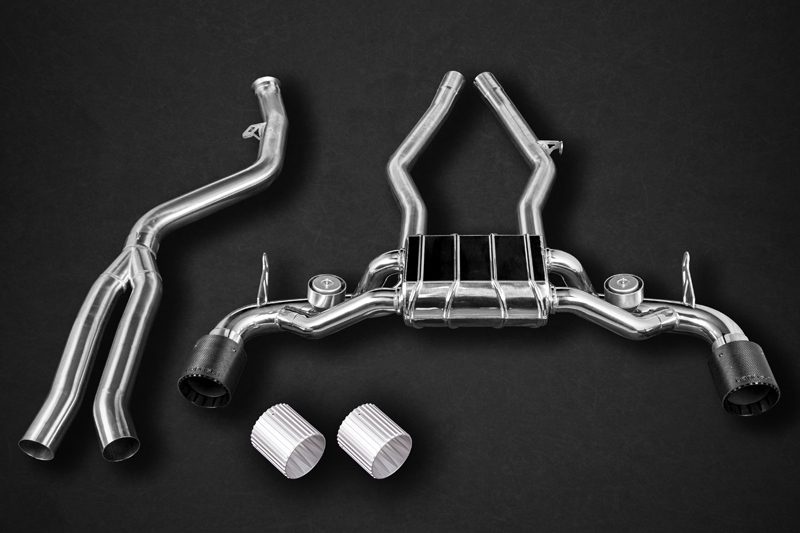 Toyota Supra - Endschalldämpfer bis OEM Trennstelle, CES-3 Steuerung, mit Endrohren aus eloxiertem Aluminium (erhältlich in den Farben Schwarz, Rot und Silber*)mit Carbon Aussenrohr