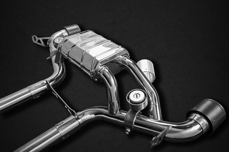 Toyota Supra - Abgasanlage komplett, Endschalldämpfer, EVCU-1 Steuerung, OPF Ersatz Rohren, mit Endrohren aus eloxiertem Aluminium (erhältlich in den Farben Schwarz, Rot und Silber*) mit Carbon Aussenrohr