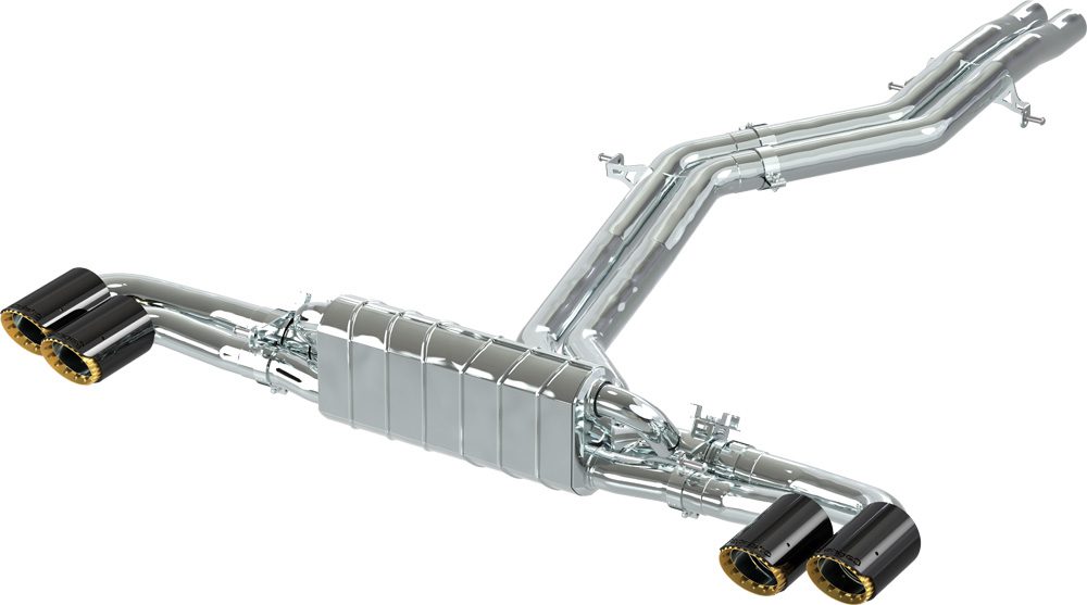 Audi S Q8 - Abgasanlage bestehend aus: Endschalldämpfer mit elektrischen Klappen zur Verwendung der OEM-Aktuatoren, farbig eloxierten Endrohren in Schwarz, Silber, Rot oder Gold und Aluminium-Außenhülse in wicrom Black verchromt sowie Verbindungsroh…