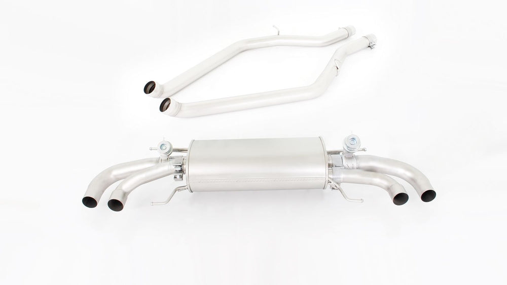 Sportauspuff für Alfa Romeo Giulia Quadrifoglio Typ 952 - Racing Cat-Back Vorschalldämpfer Ersatzrohr / Racing Endrohrbögen mit Klappensystem / 4-teilige Carbon Endrohre Ø 102 mm angeschrägt